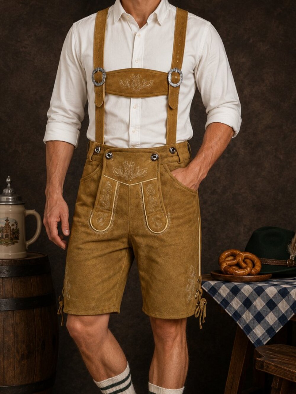 Tillich Brown Suede Lederhosen Traditional German Leather Shorts for Oktoberfest